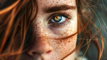 A mesmerizing close-up of a freckled face with a striking blue eye gazing intensely photo