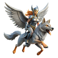 dramatic rustic A Fierce Valkyrie Riding a Winged Wolf D premium png