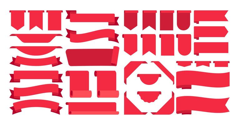 Red tag collection featuring sale and new labels. Includes red scrolls, banners, discount ribbons, shopping tags, and promotional icons.