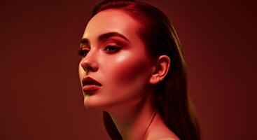A captivating portrait highlighting elegance in stunning red lighting, emphasizing contours and allure photo
