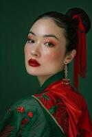 Striking portrait featuring bold red makeup and intricate attire, blending elegance and contemporary style photo