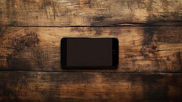 A sleek smartphone rests on a rustic wooden table, showcasing a blend of modern technology and natural aesthetics photo