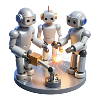 imponerande minimalistisk en grupp av robotar samarbetande på en com original- png