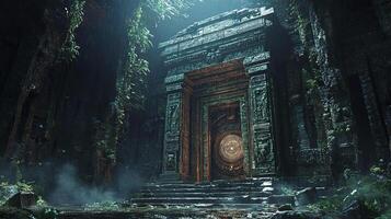 Mysterious ancient temple gate shrouded in mist and lush greenery photo