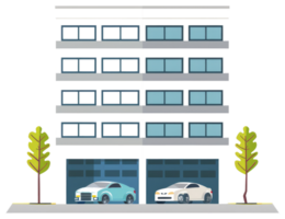 Illustration featuring an apartment building with cars in garages png