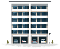 A multi story apartment building features several parked automobiles in garages png