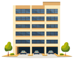 An apartment building with multiple levels and car parking garages png