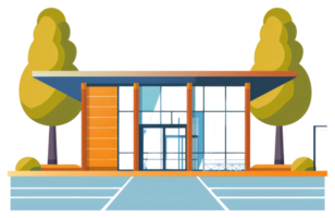 A modern building with glass doors and green trees beside it png