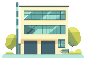 A simple illustration depicts a three story building with trees png