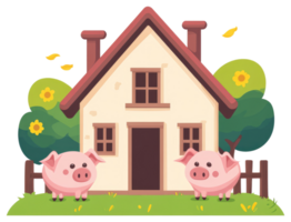 Two friendly pigs are standing in front of a house png