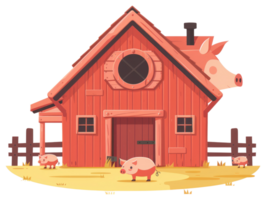 A charming red barn and some playful pigs on a farm setting png