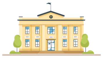 A yellow stylized building with columns and surrounding greenery on ground png