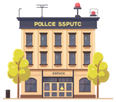 An illustrated cartoon building featuring windows and trees in the front png