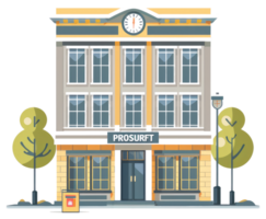 An illustrative stylized building with a clock on its facade png