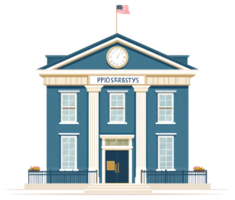 An illustration of a blue building with flag and clock png