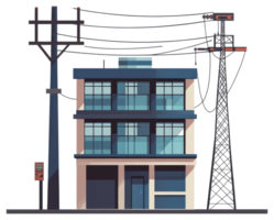 Modern illustration showing a building with electrical infrastructure components png