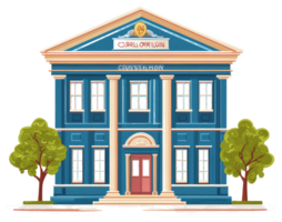 A stately cartoon illustration of a classical style building is displayed png