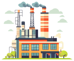 An illustrated factory building with smoke stacks in a clean design png