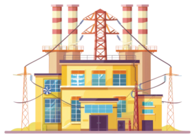 A large factory with smokestacks and power infrastructure systems png
