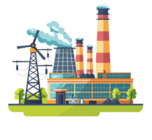 A colorful illustration of a factory generating power and smoke png