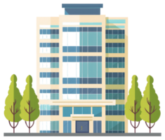 A modern building with many windows and decorative trees png