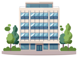 A modern building with trees in a simplistic cartoon illustration png