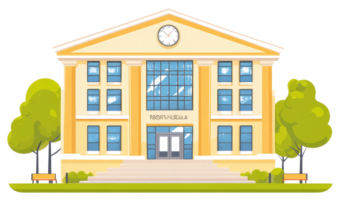 An illustrative image of a government building with trees and benches png