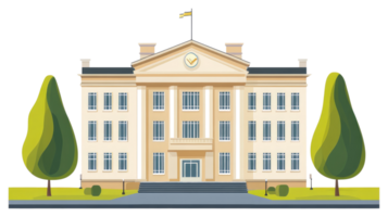 A large detailed building with trees and a simple flag on top png