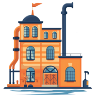 An illustrated factory building with a tall smokestack and pipes png