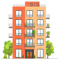 A colorful multi story apartment building with trees in front png
