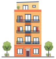 A colorful apartment building with balconies and small trees png
