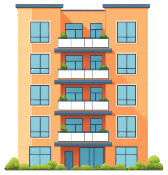 uma desenho animado ilustração mostrando a apartamento construção com varandas e janelas png