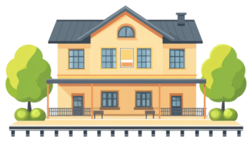 A two story building with trees next to a train station png