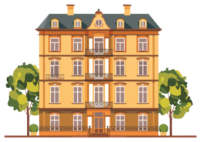 Illustration of a multi storied building with trees and windows png