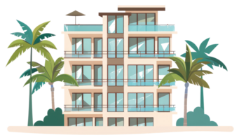 A modern apartment building surrounded by several palm trees in cartoon style png