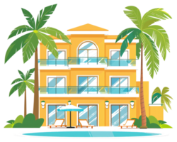 A tropical resort building with a pool and palm trees png