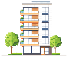 Modern apartment building featuring balconies and windows with surrounding trees png