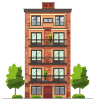 A tall cartoon apartment building with multiple balconies and trees png
