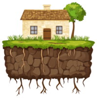 A charming illustration depicting a house on a floating plot of land png
