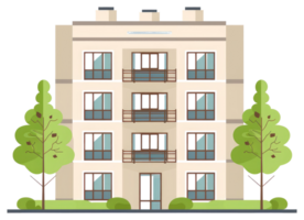 A simple illustration depicts an apartment building with trees png