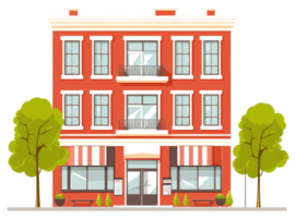 A brightly colored three story building featuring windows and a tree png