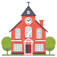 An illustrated red church building with a clock and trees png
