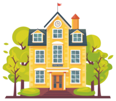 Illustration showing a bright yellow school building with trees and a clock png