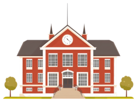 An illustration depicts a red brick school building with a clock png