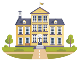 An illustrated three story building with a flag and clock png