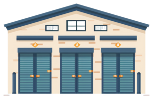 A cartoon style building with roller shutter doors in a row png