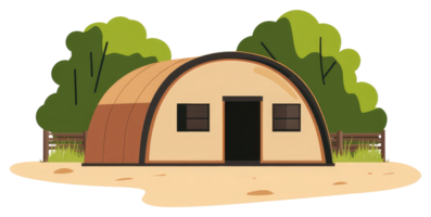 An illustration showcasing a simple building surrounded by nature elements png