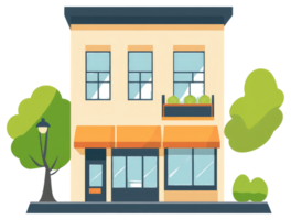 A colorful illustration of a building with trees and a sidewalk png