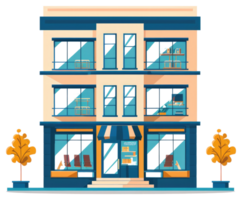 A colorful three story building with large windows and trees png