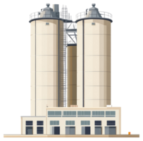 Large industrial silos with supporting buildings and structures are present png